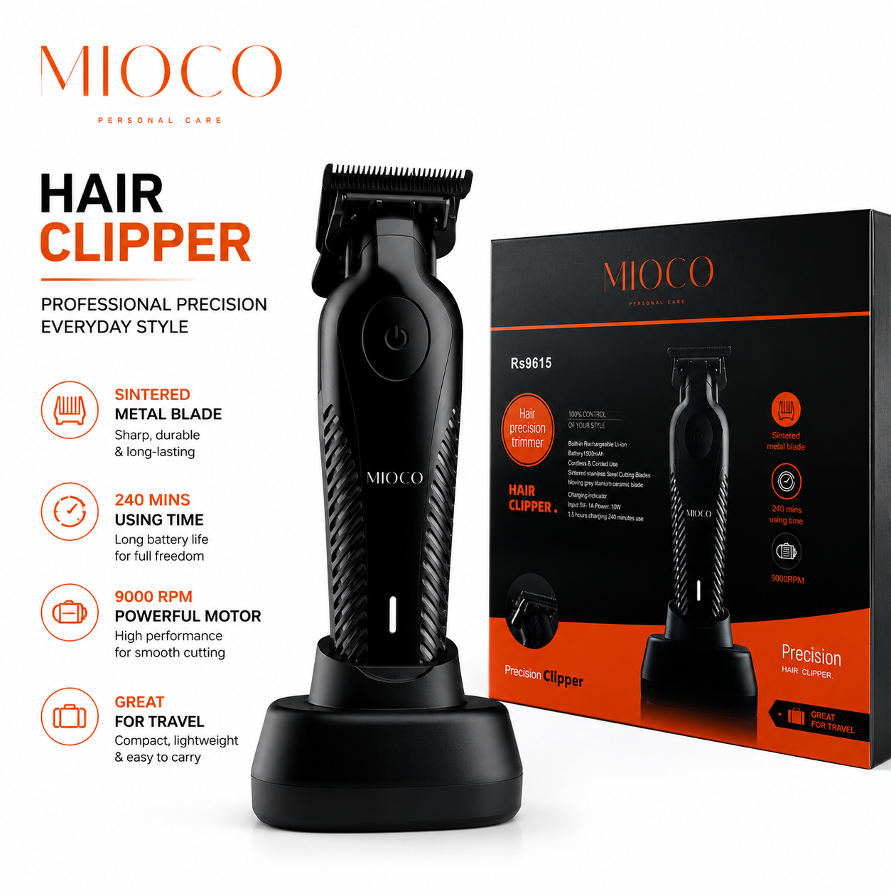 Tondeuse à cheveux professionnelle rechargable 1500MAH Type C - Qualité 1 er Choix MIOCO RS9615