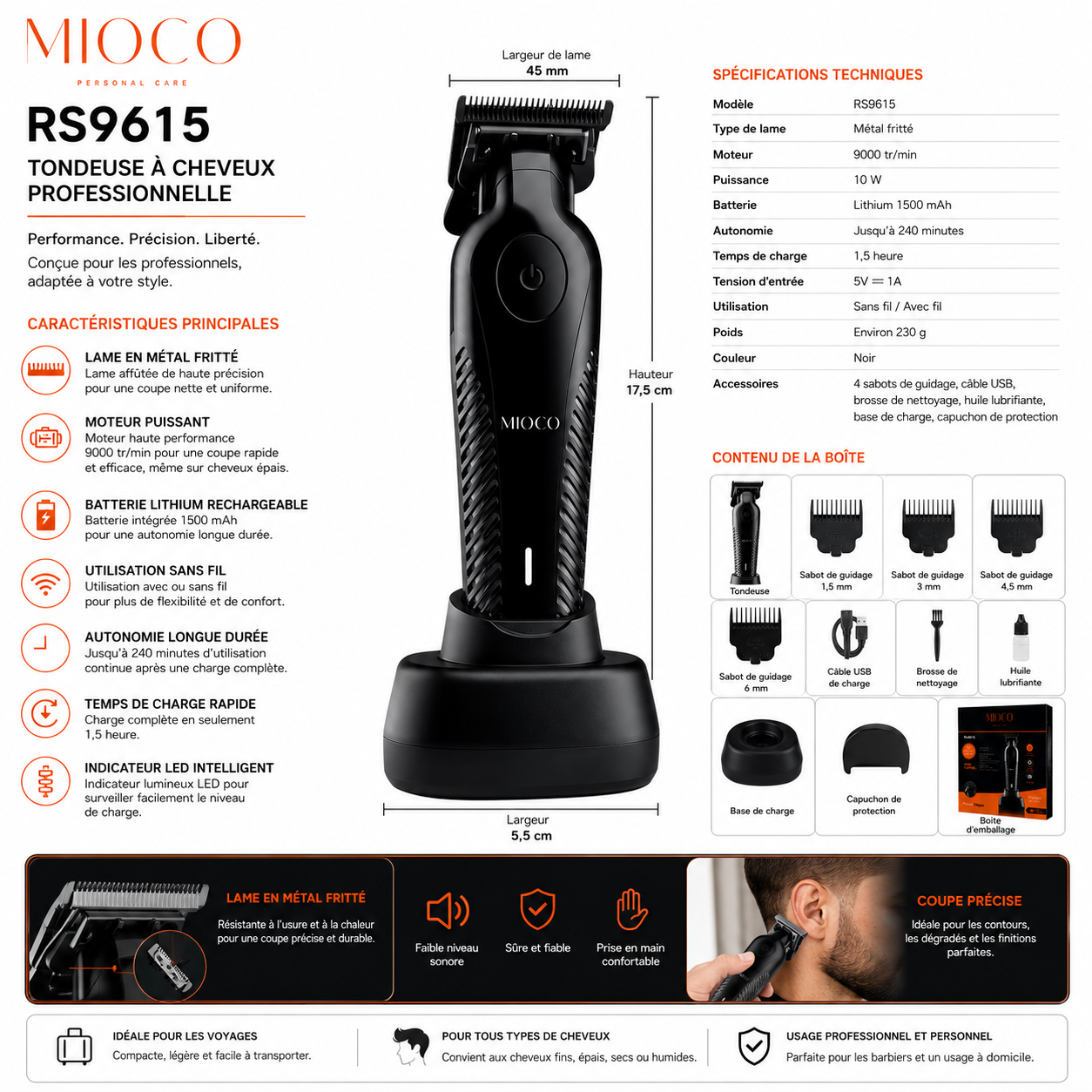 Tondeuse à cheveux professionnelle rechargable 1500MAH Type C - Qualité 1 er Choix MIOCO RS9615 – Image 3