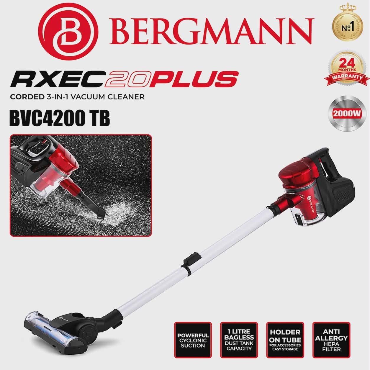 Aspirateur Balai 3 en 1 Avec fil et avec Accessoires 2000W 1L 4.3M Bergmann BVC4200 – Image 2