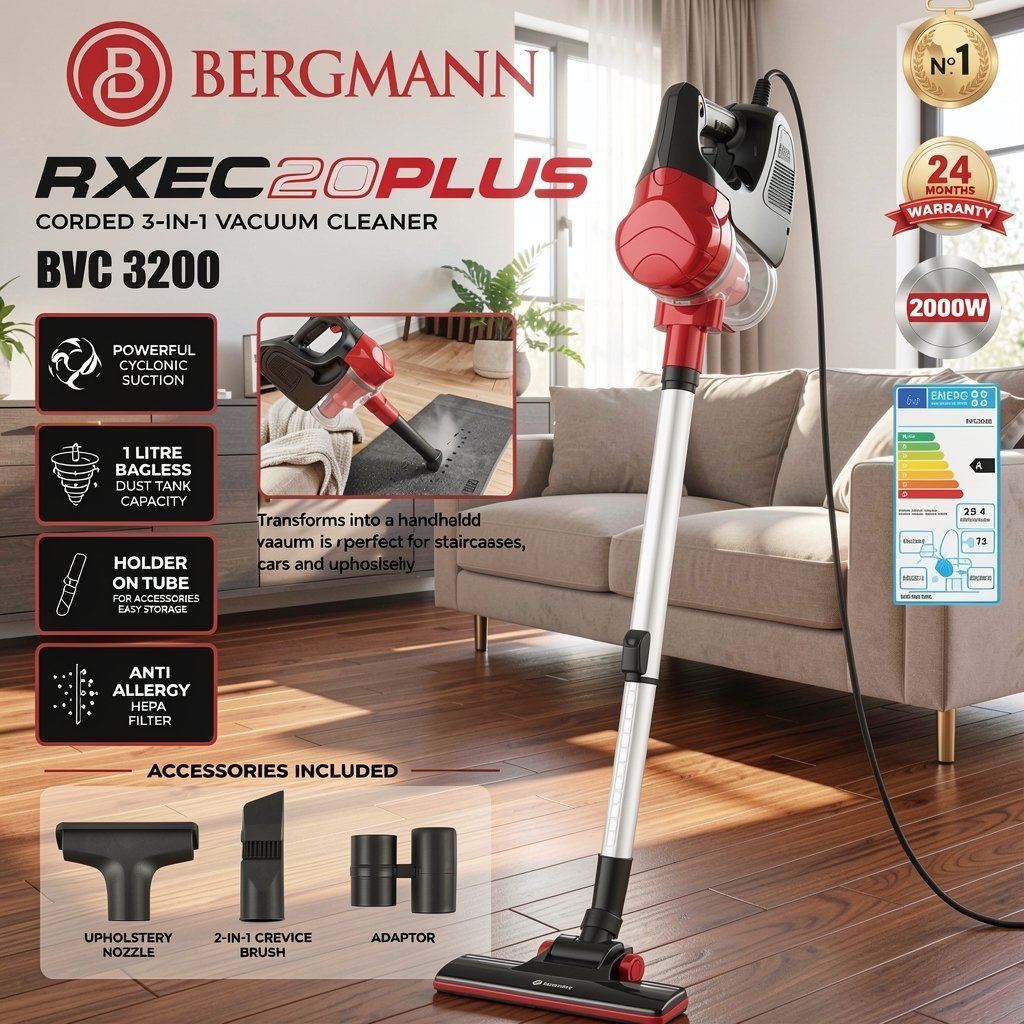 Aspirateur Balai 3 en 1 Avec Accessoires 2000W 1L 4.3M Bergmann BVC3200