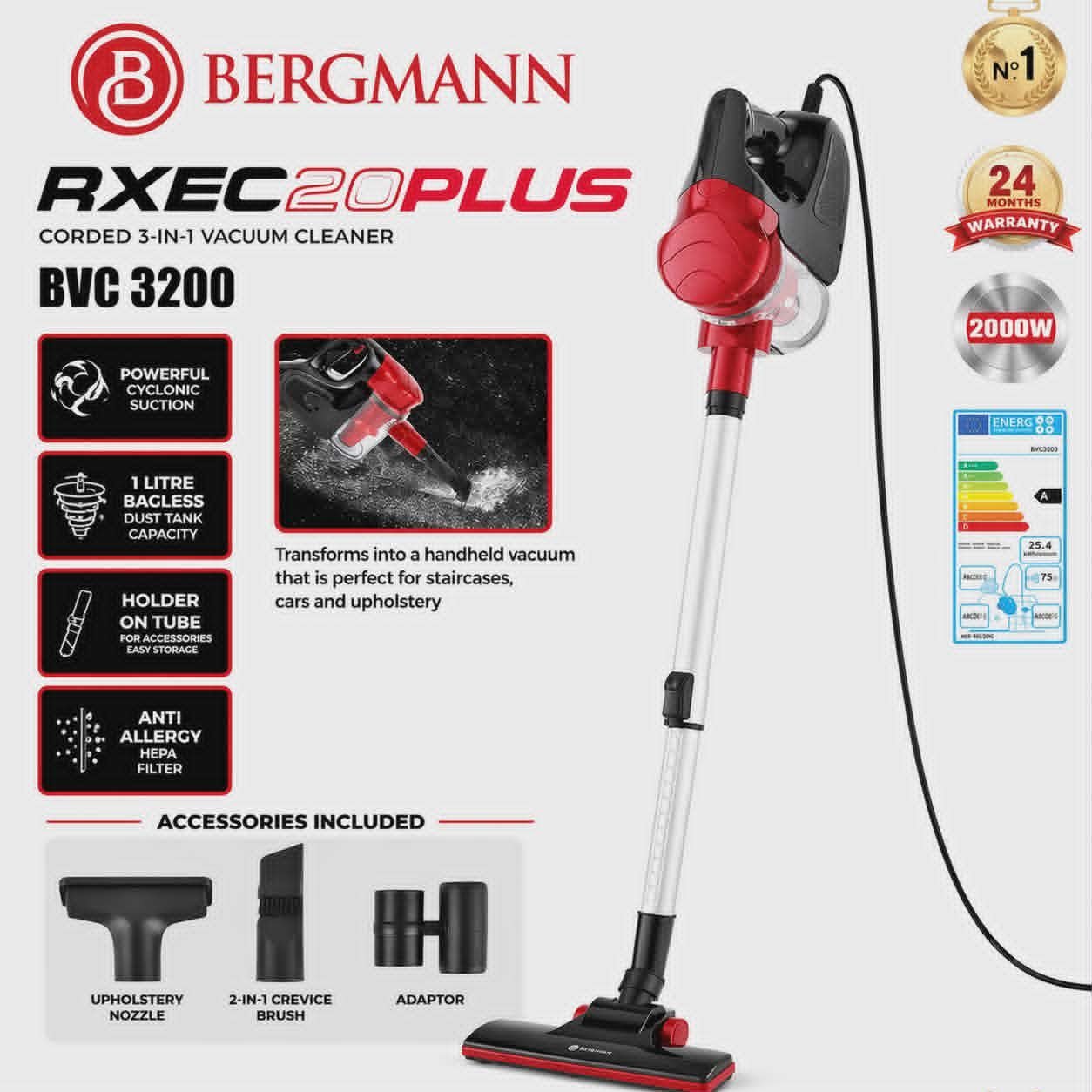 Aspirateur Balai 3 en 1 Avec Accessoires 2000W 1L 4.3M Bergmann BVC3200 – Image 5