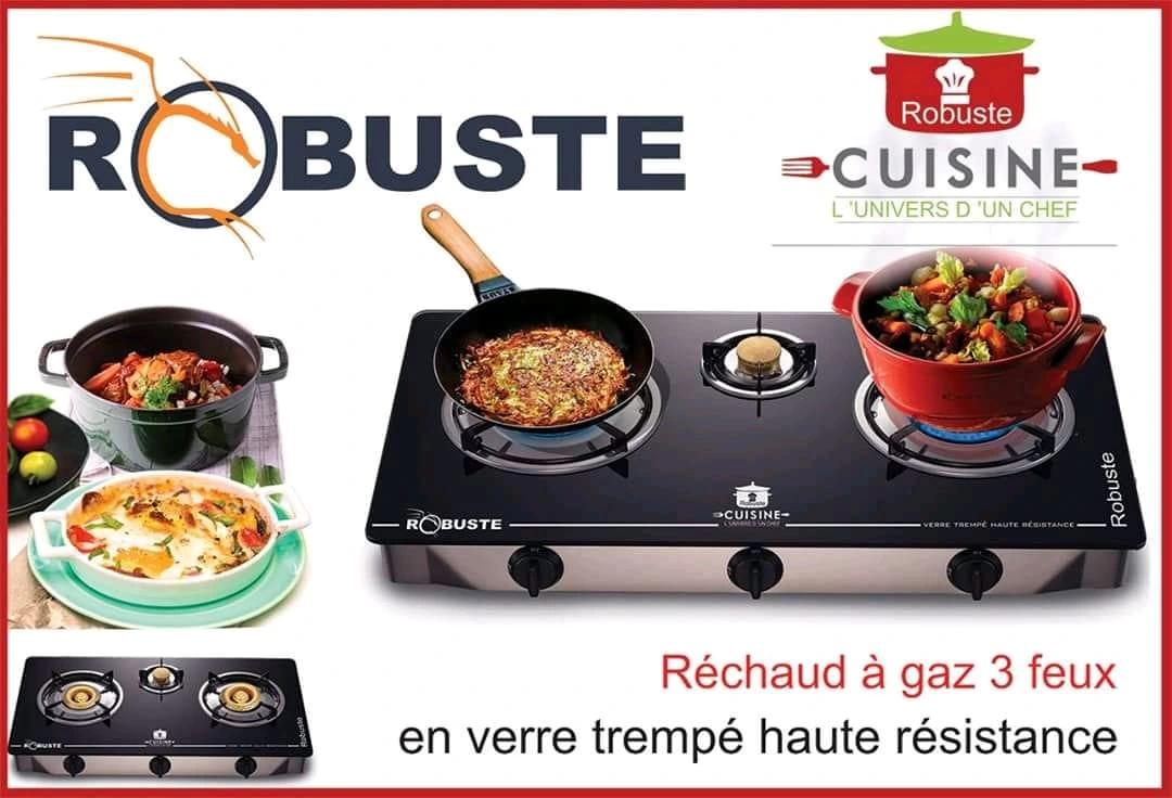 Réchaud a gaz 3 Feux en verre trempé Noir Robuste – Image 4