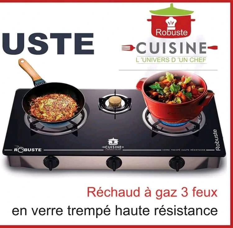 Réchaud a gaz 3 Feux en verre trempé Noir Robuste