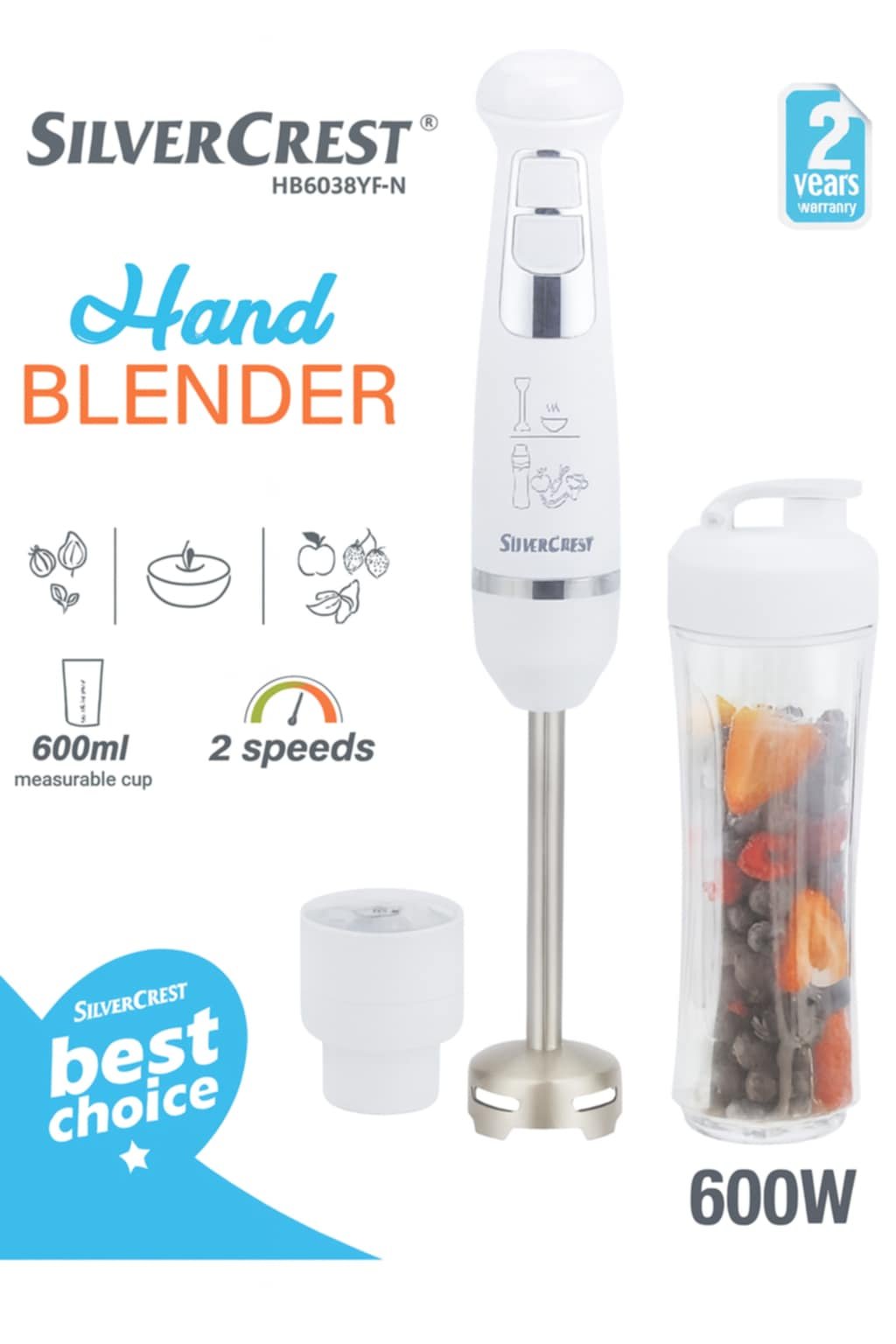 Bras mixeur + Mini Blender 2 en 1 - 600W - 0.6L SilverCrest HB6038YF-N – Image 2