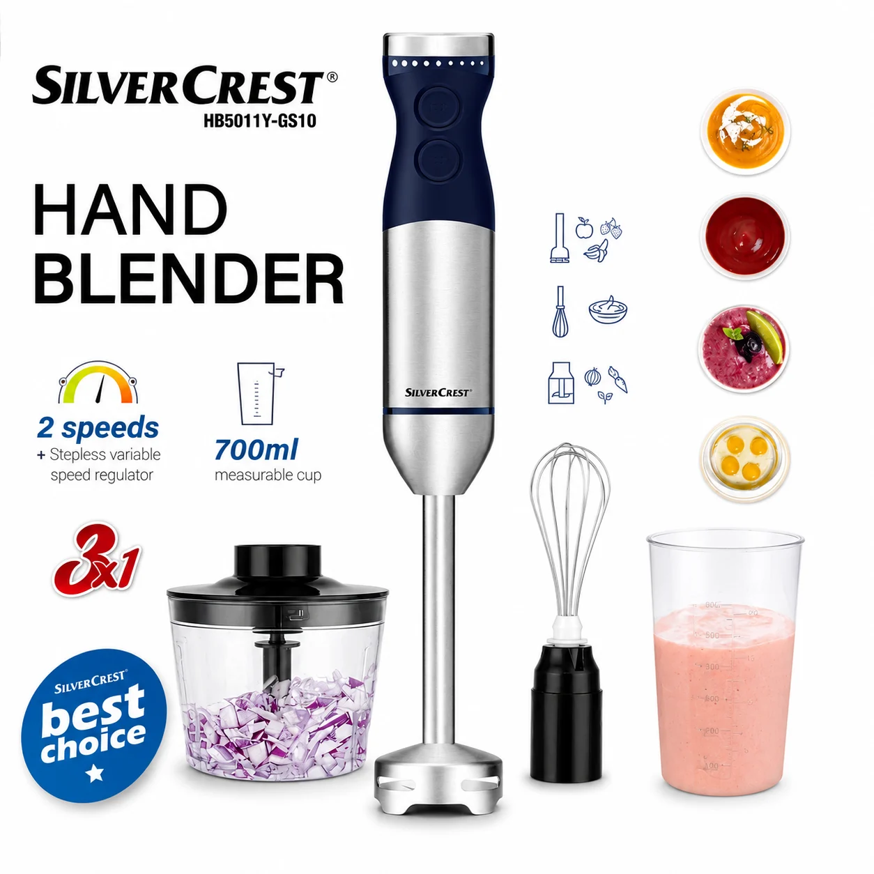 Bras Mixeur Inox Multifonction 3 en 1 - 800W SilverCrest HB5011Y-GS10