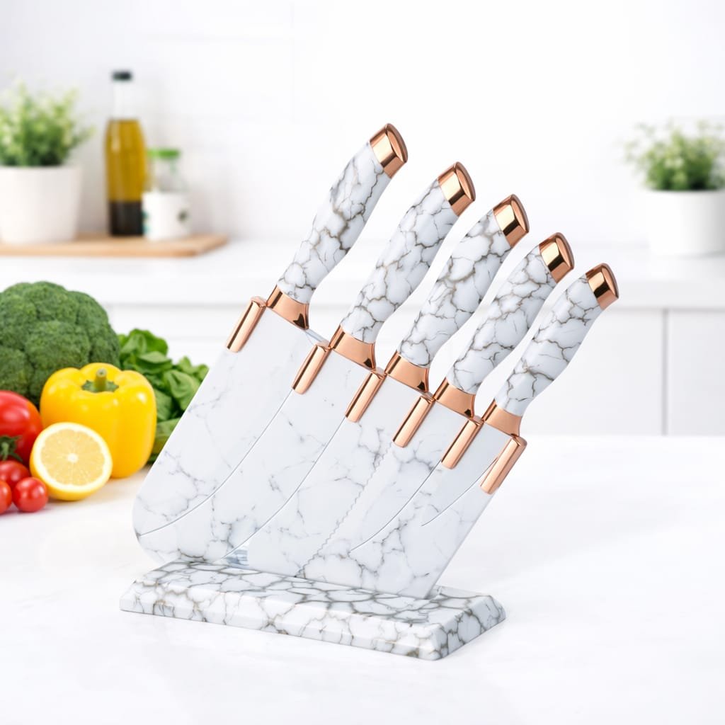 Set de 5 couteaux de cuisine + Support couleur blanc